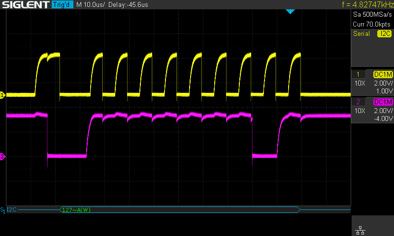 Using internal pull up resistors, communicating at 100 KHz.