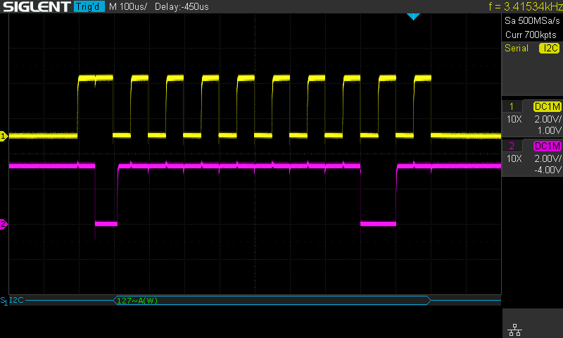 Using internal pull up resistors, communicating at 10 KHz.