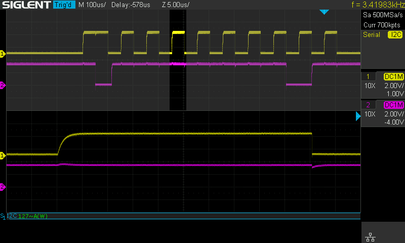 Using internal pull up resistors, communicating at 10 KHz (zoomed).